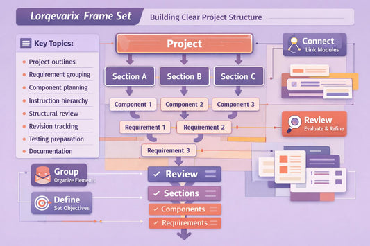 A purple and orange flowchart titled 'Lorgevarix Frame Set' explaining project structure and workflow, with boxes and arrows for sections, components, requirements, and review steps.