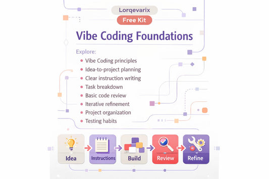 Promotional graphic for the 'Vibe Coding Foundations' free kit by Lorgevarix, featuring a list of learning modules and a workflow diagram of Idea, Instructions, Build, Review, and Refine.