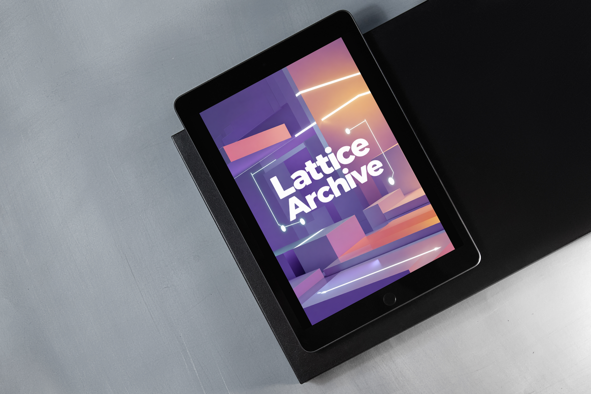 A black tablet device lying on a black stand against a brushed gray metal background, with the screen displaying the text 'Lattice Archive' over a purple and orange abstract graphic.