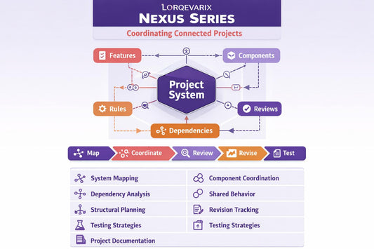 A promotional infographic for the LORQEVARIX NEXUS SERIES 'Coordinating Connected Projects' software, displaying a project system workflow diagram with features, components, dependencies, and a checklist of capabilities on a light purple gradient background.