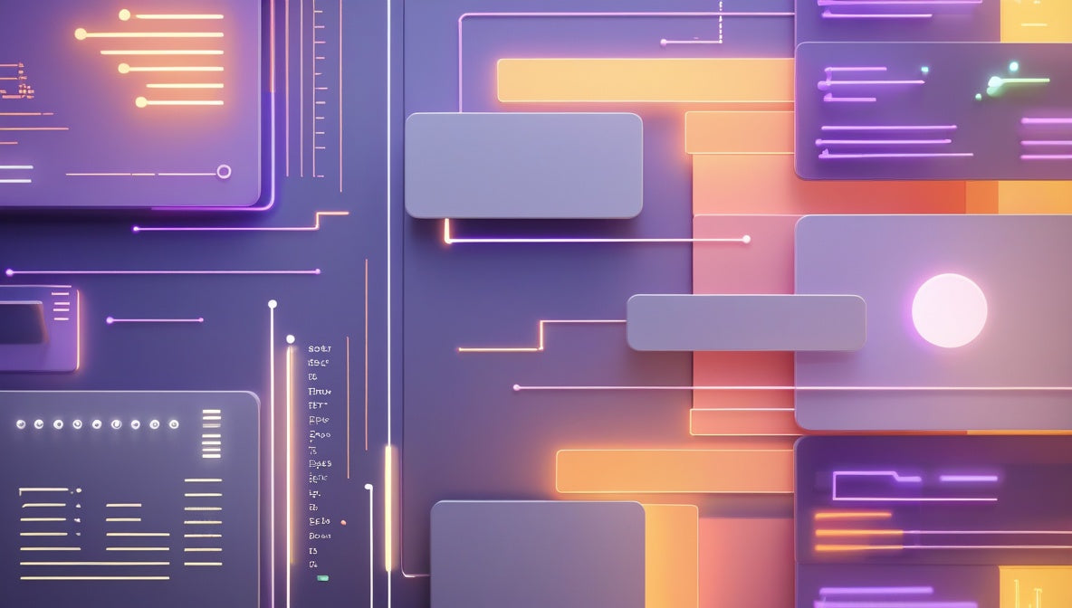Abstract digital graphic with layered geometric panels, glowing neon lines, and UI-style interface elements in purple, lavender, orange, and pink on a dark background.