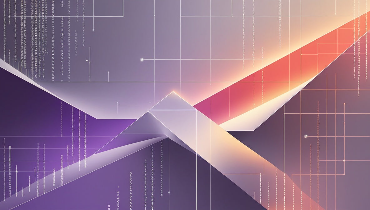 Abstract geometric digital artwork with layered angular shapes in purple, lavender, peach, and orange, overlaid with thin grid lines and vertical dotted code-like lines.