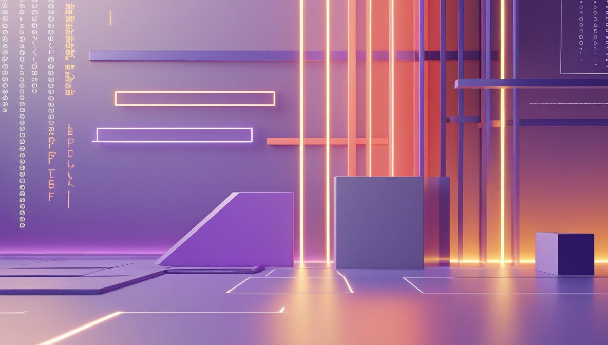 A futuristic digital render of a geometric studio set with purple and orange neon lighting, display pedestals, and abstract digital interface graphics.