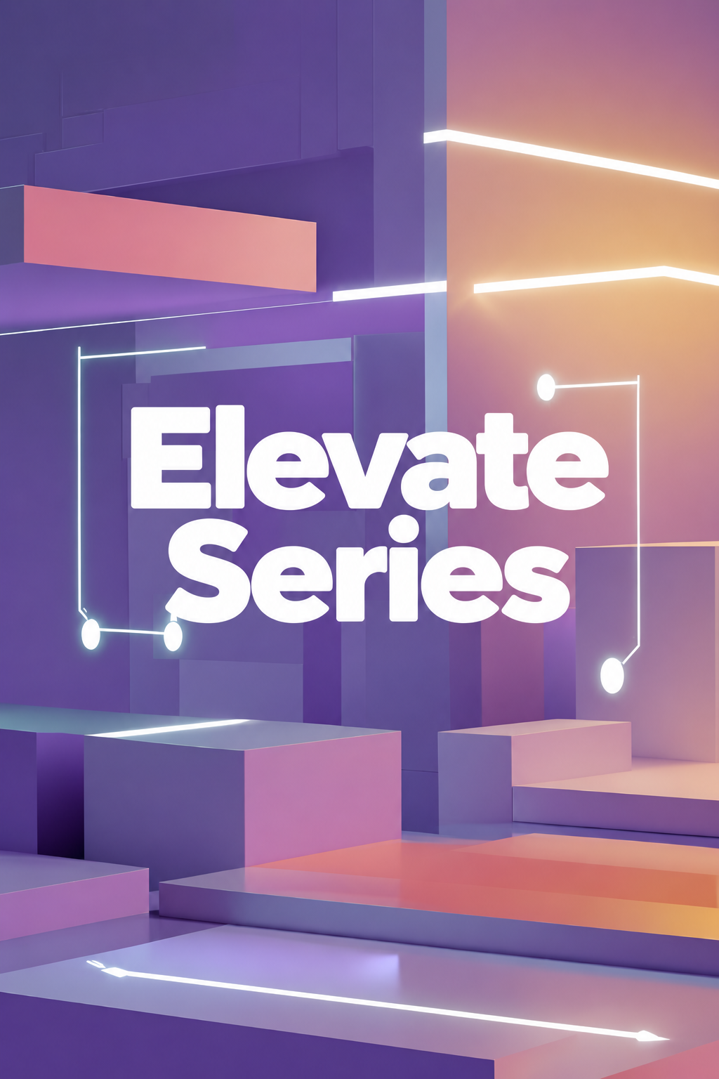 A stylized digital graphic with the words 'Elevate Series' in large white text over a geometric abstract background in purple, pink, and orange tones with glowing line accents.