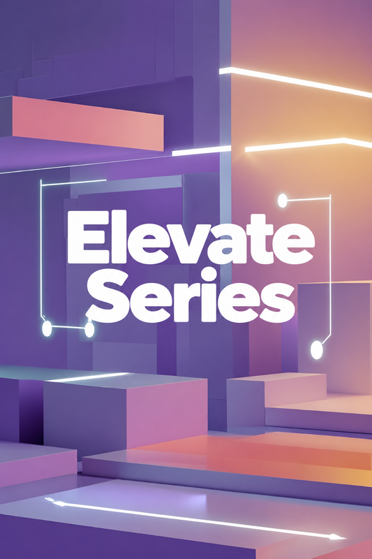 A stylized digital graphic with the words 'Elevate Series' in large white text over a geometric abstract background in purple, pink, and orange tones with glowing line accents.