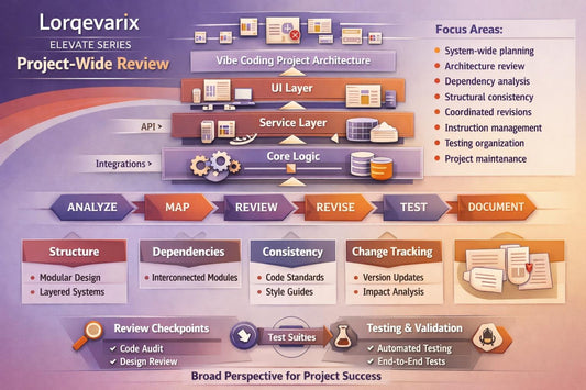 A colorful infographic diagram titled 'Lorqevarix Elevate Series Project-Wide Review' showing a software architecture review flow with labeled layers, focus areas, and quality axes such as analyze, map, review, revise, test, and document.