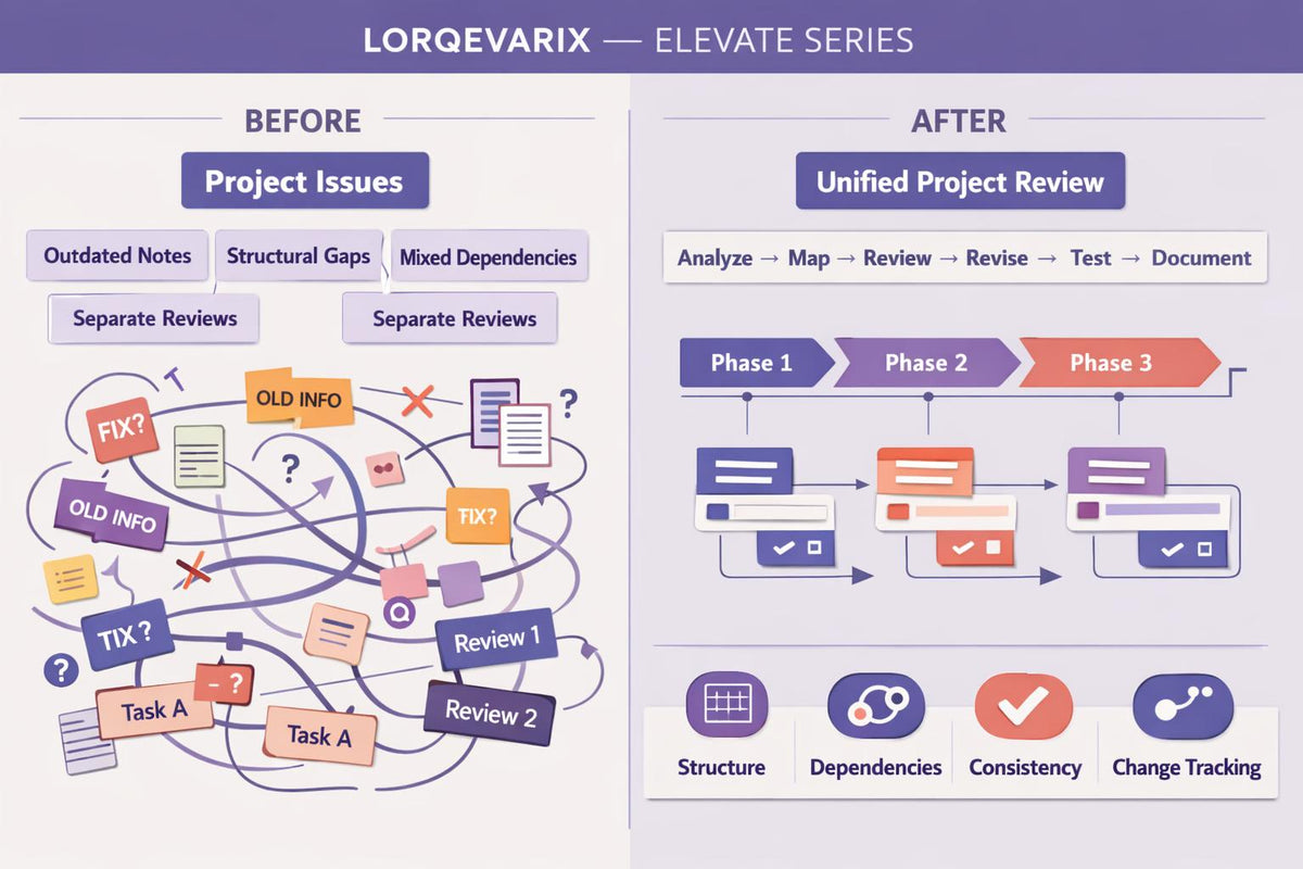 A digital infographic comparing 'Before' and 'After' project management workflows under the brand LORQVARIX. The left side, labeled 'BEFORE', shows a cluttered, messy diagram with tangled lines, notes, and task boxes.