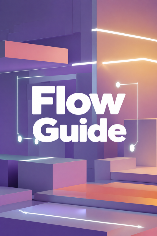 A stylized digital cover or graphic with the words 'Flow Guide' in large white text over a geometric abstract background in purple, pink, and orange tones with glowing line accents.