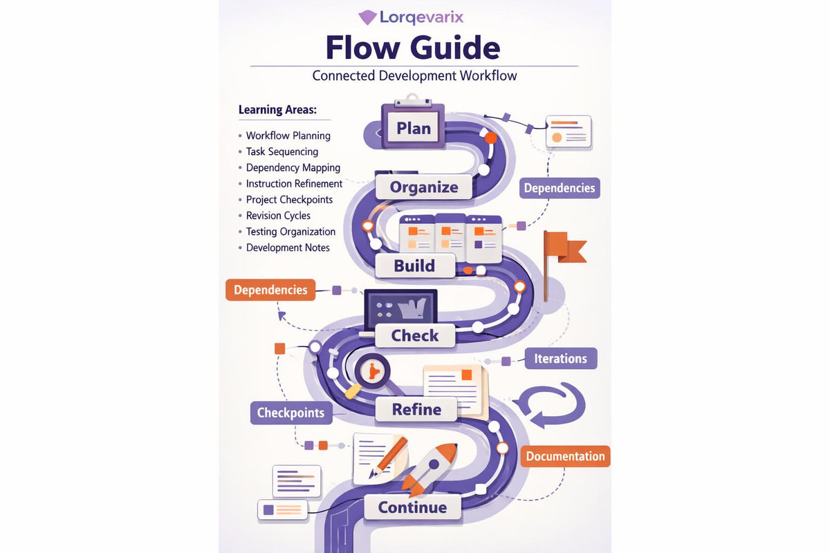 A digital infographic titled 'Flow Guide' by Lorqvarix, illustrating a connected development workflow with purple and orange steps including Plan, Organize, Build, Check, Refine, Continue, Dependencies, and Documentation.