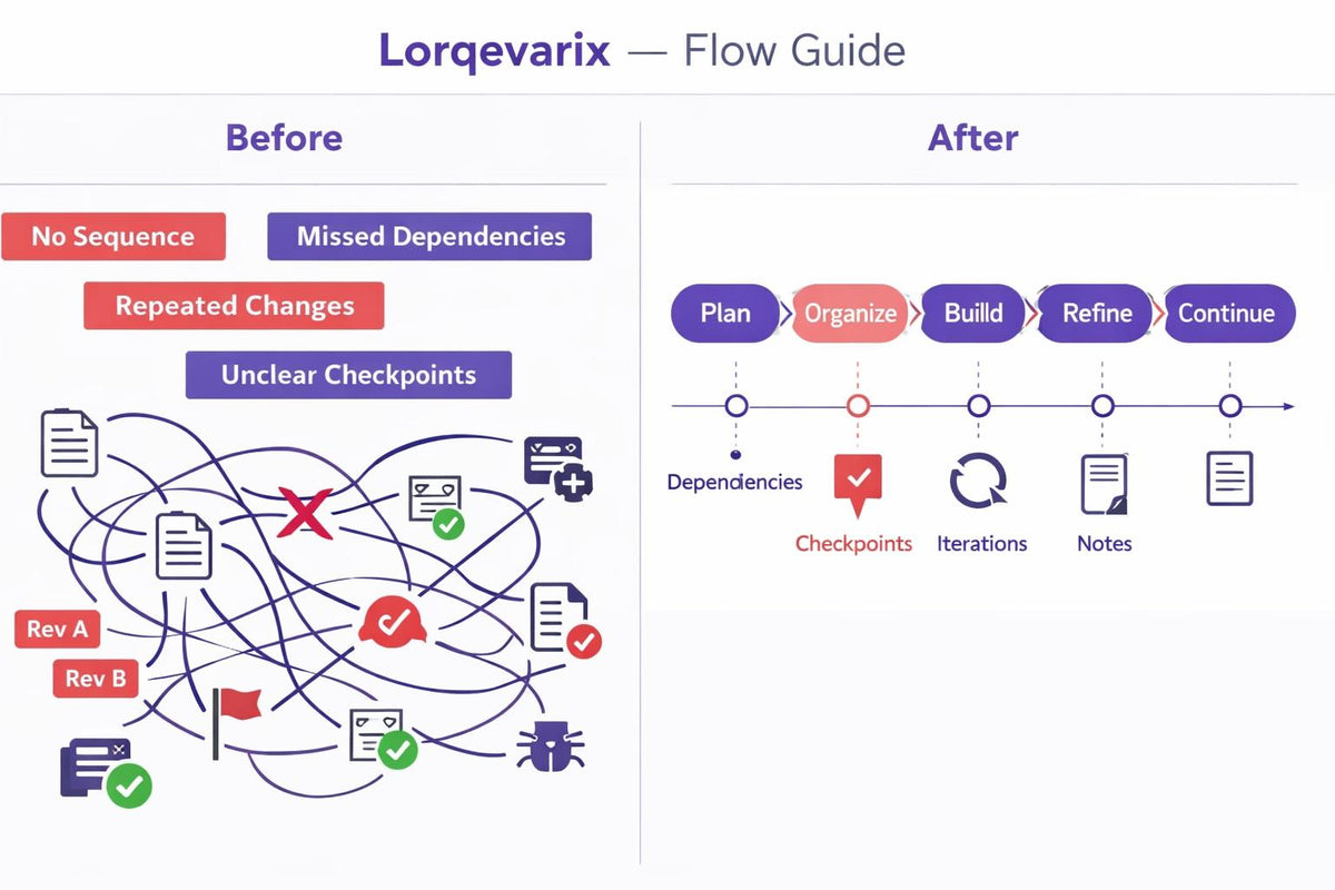 A comparison graphic titled 'Lorqevalarix — Flow Guide' showing a tangled workflow diagram labeled 'Before' with red, blue, green, and orange markers, and a clean linear process labeled 'After' with purple steps and icons.