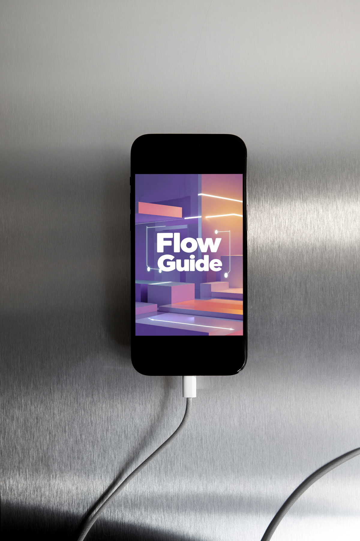 A smartphone lying on a brushed metal surface, connected to a white charging cable. The phone screen displays the text 'Flow Guide' over a colorful abstract graphic.