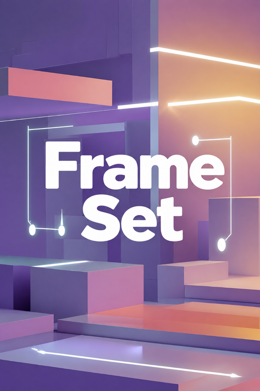 A stylized digital cover or graphic with the words 'Frame Set' in large white text over a geometric abstract background in purple, pink, and orange tones with glowing line accents.
