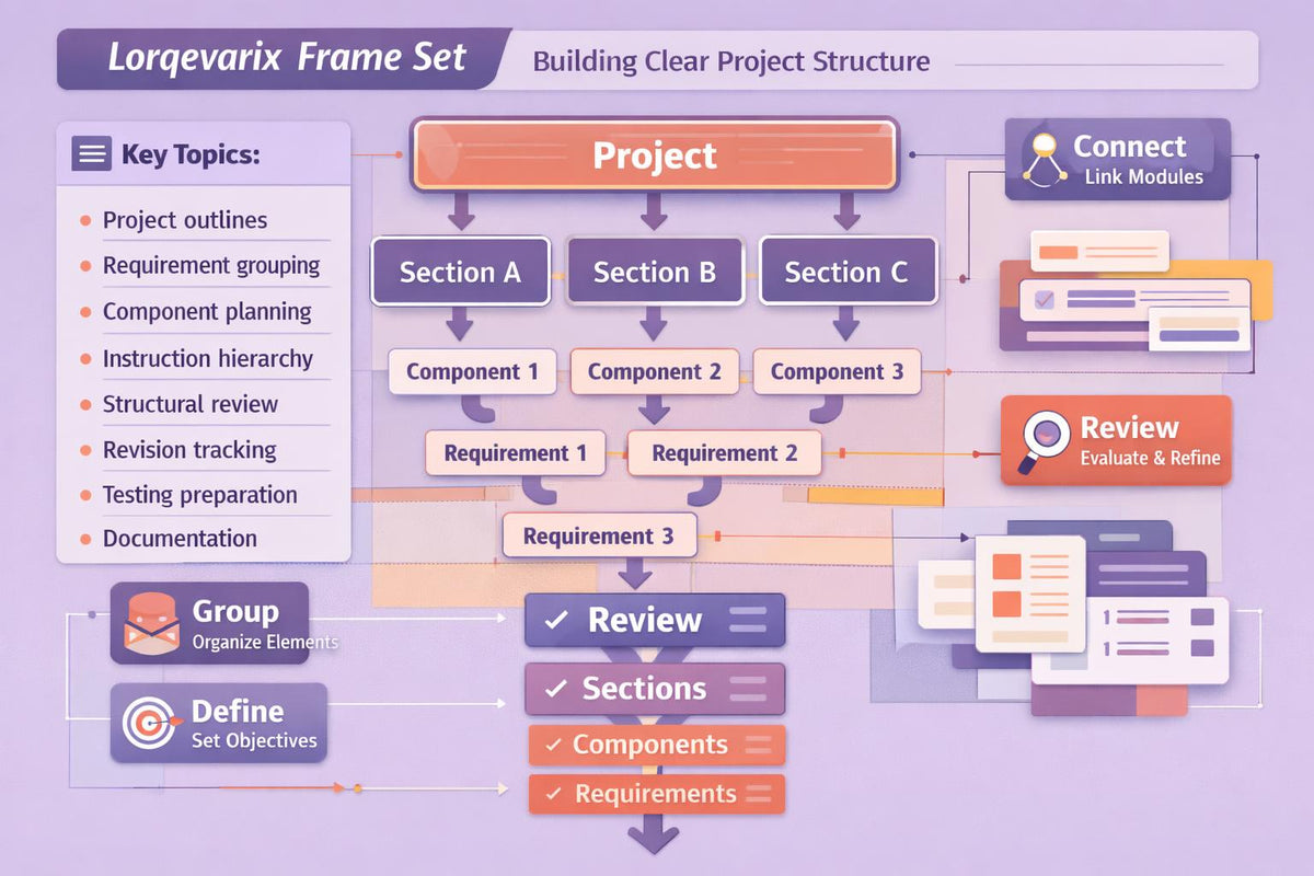 A purple and orange flowchart titled 'Lorgevarix Frame Set' explaining project structure and workflow, with boxes and arrows for sections, components, requirements, and review steps.