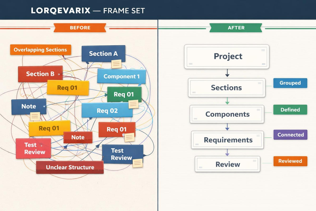 A comparison graphic titled 'LORQEVARIX — FRAME SET' showing a tangled 'BEFORE' requirement diagram on the left and a clean 'AFTER' flowchart on the right, with labeled boxes such as Project, Sections, Components, Requirements, and Review.