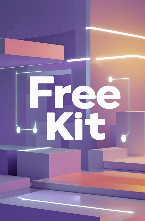A stylized digital graphic with the words 'Free Kit' in large white text over a geometric abstract background in purple, pink, and peach tones with glowing line accents.