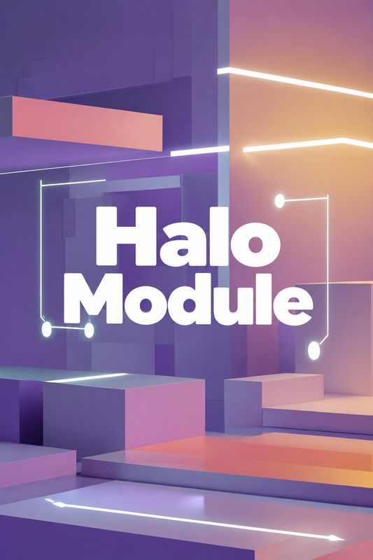 A stylized digital cover or title card reading 'Halo Module' in large white text over a geometric abstract background with purple, pink, and orange blocks and glowing white line accents.