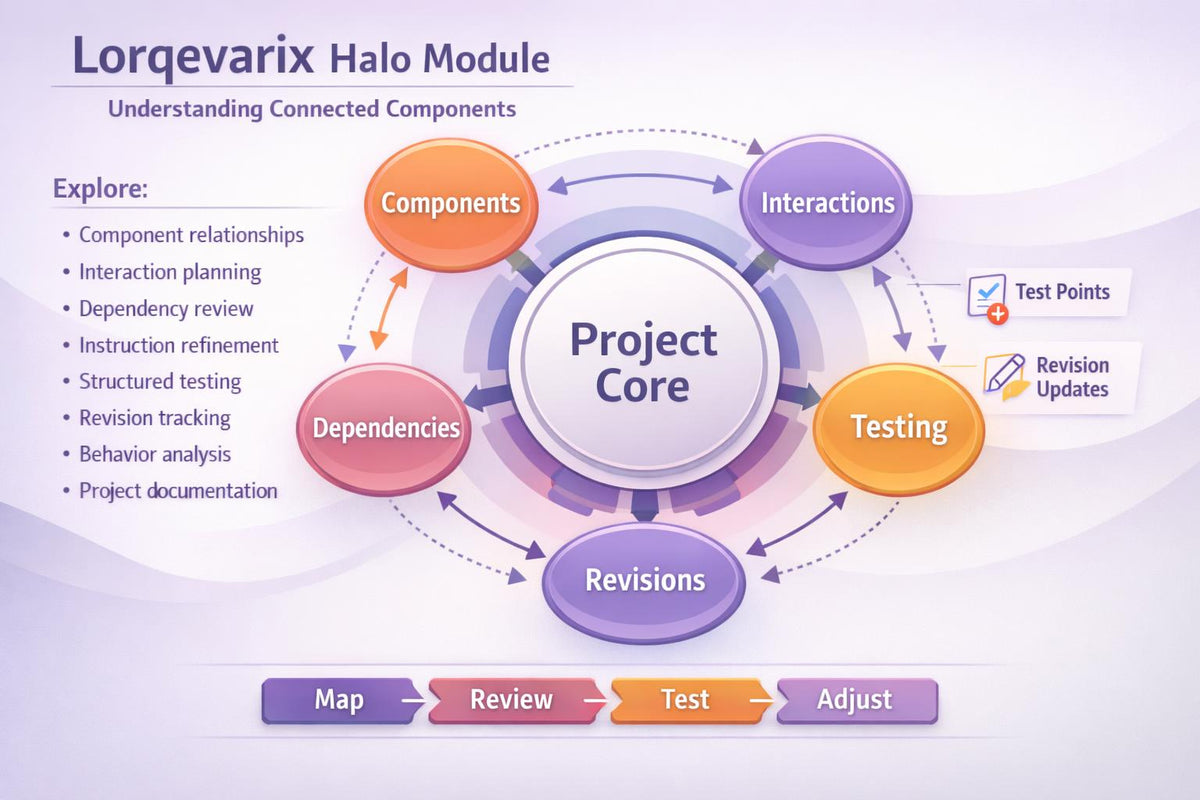 A digital infographic titled 'Lorgevarix Halo Module' explaining connected components and project workflow. The central diagram features a 'Project Core' surrounded by circular sections labeled 'Components', 'Interactions', 'Testing', 'Revisions', and 'Dependencies' in purple, orange, and pink.