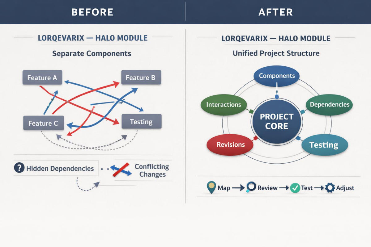 A before-and-after comparison diagram for the Lorqevaxix Halo Module, showing a separate components layout on the left labeled 'Before' and a unified project structure on the right labeled 'After'.