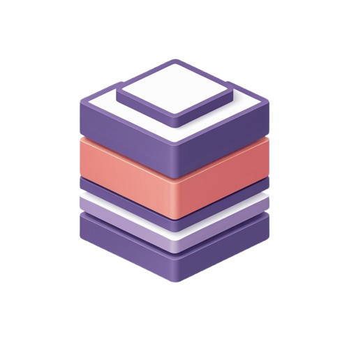 A stylized stack of layered square blocks in purple, coral pink, lavender, and white, shown on a plain white background.