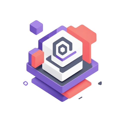 A stylized isometric digital illustration of a white cube with a dark geometric hexagon-like symbol on top, layered over purple and coral-red geometric blocks on a light gray background.