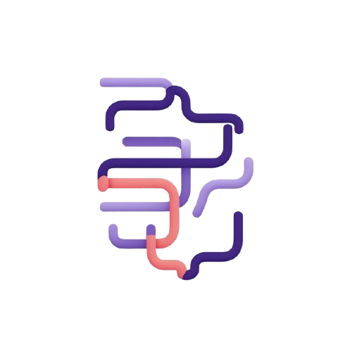 A minimalist abstract logo or icon featuring interlocking curved purple and coral-pink lines on a solid white background.