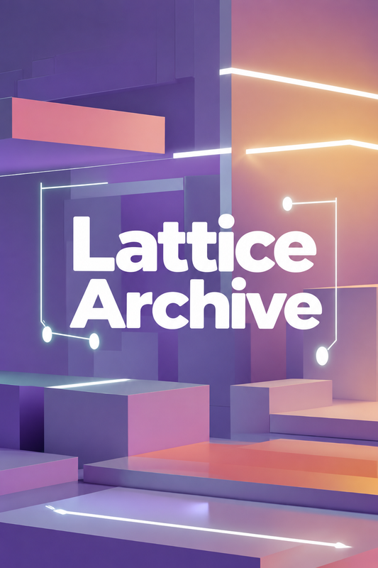 A stylized 3D abstract graphic with the words 'Lattice Archive' in large white text over geometric blocks and glowing neon lines in purple, pink, and orange tones.