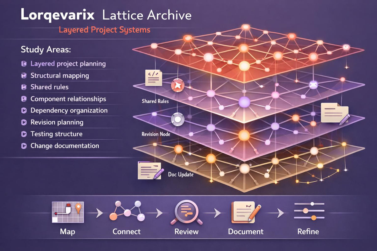 A promotional infographic for 'Lorqevarix Lattice Archive' and 'Layered Project Systems' on a dark purple background. It features a 3D layered network diagram with glowing orange, yellow, and purple nodes, alongside a list of study areas such as layered project planning, structural mapping, and shared rules.