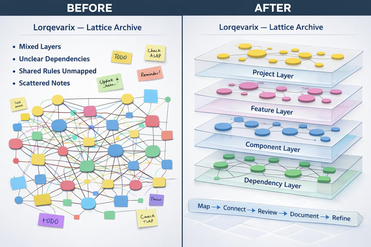 A before-and-after comparison diagram for Lorgevarix — Lattice Archive, showing a messy tangled network labeled 'BEFORE' with sticky notes and a clean stacked layer diagram labeled 'AFTER' with project layer, feature layer, component layer, and dependency layer.