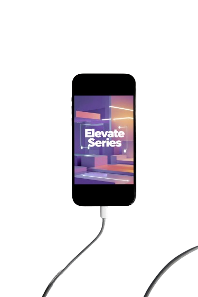 A black smartphone centered on a white background, connected to a white charging cable. The phone screen displays a colorful app or wallpaper with the text 'Elevate Series'.