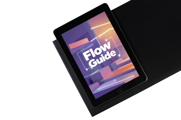 A black tablet device displaying a colorful cover titled 'Flow Guide', resting on a black rectangular stand against a plain white background.