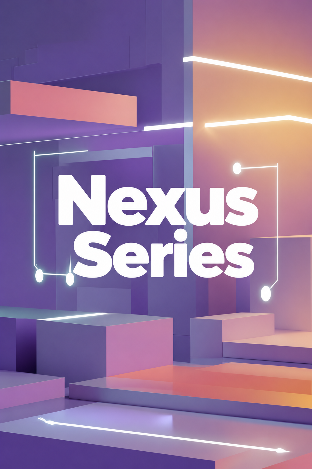 A stylized digital graphic with the words 'Nexus Series' in large white text over an abstract geometric scene in purple, pink, and orange tones with glowing line accents.