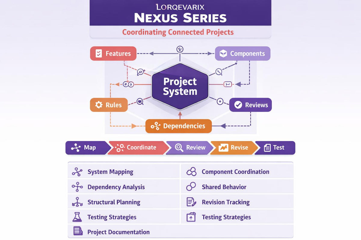 A promotional infographic for the LORQEVARIX NEXUS SERIES 'Coordinating Connected Projects' software, displaying a project system workflow diagram with features, components, dependencies, and a checklist of capabilities on a light purple gradient background.