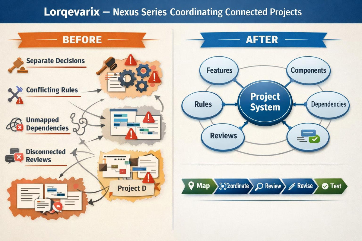 A digital infographic comparing a manual workflow labeled 'Before' with a connected project system labeled 'After' under the title 'Lorqevarix - Nexus Series Coordinating Connected Projects.' The left side shows fragmented, disconnected tasks with warning icons and a project diagram.