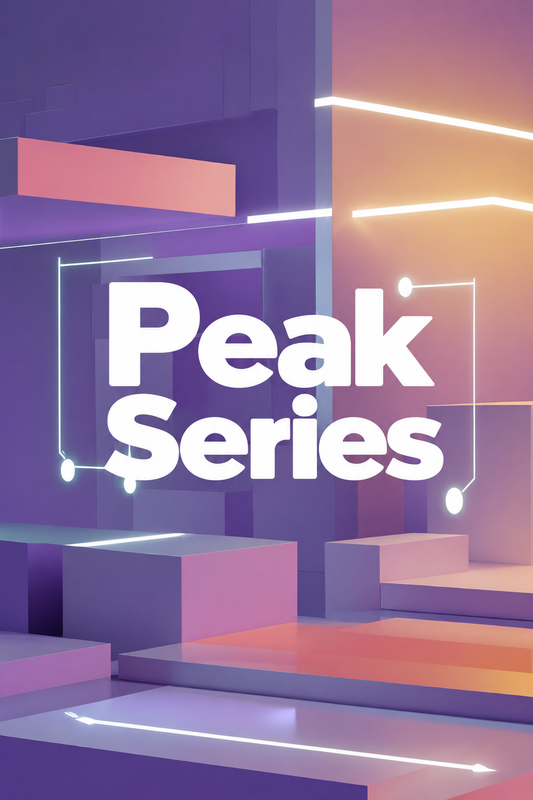 A stylized digital cover graphic with the words 'Peak Series' in large white text over a geometric abstract scene in purple, pink, and orange tones with glowing white line accents.