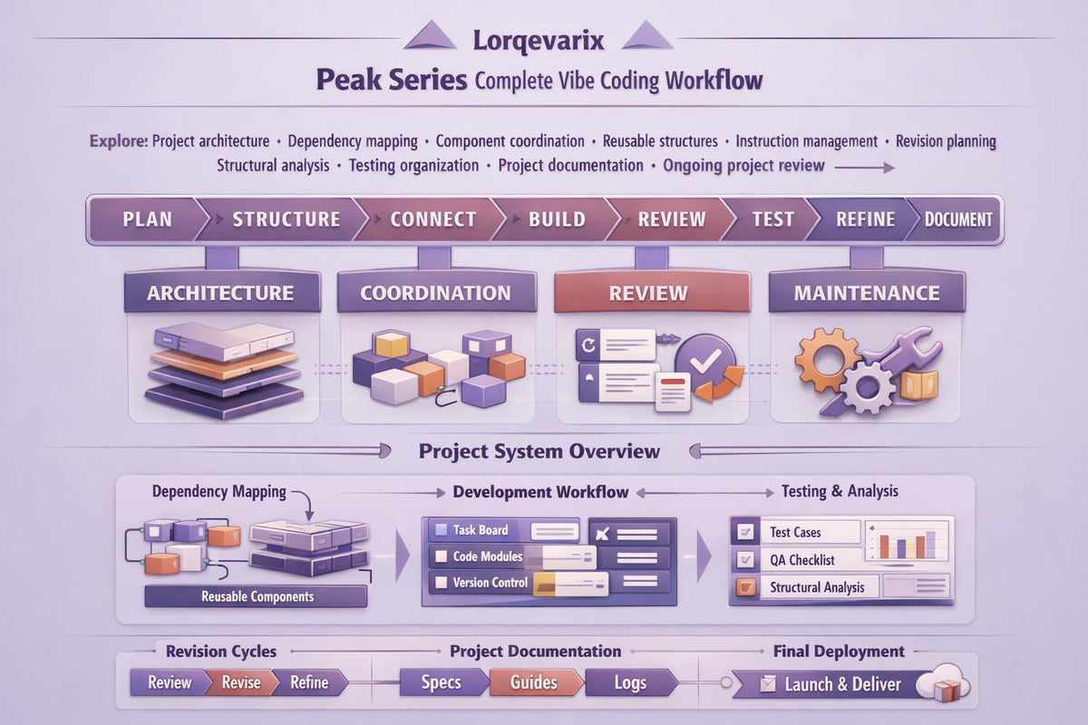 A digital infographic titled 'Lorqvarix Peak Series Complete Vibe Coding Workflow' showing a purple and blue process flowchart with labeled stages such as Architecture, Coordination, Review, and Maintenance, plus a project system overview section below.