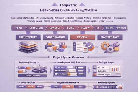 A digital infographic titled 'Lorqvarix Peak Series Complete Vibe Coding Workflow' showing a purple and blue process flowchart with labeled stages such as Architecture, Coordination, Review, and Maintenance, plus a project system overview section below.