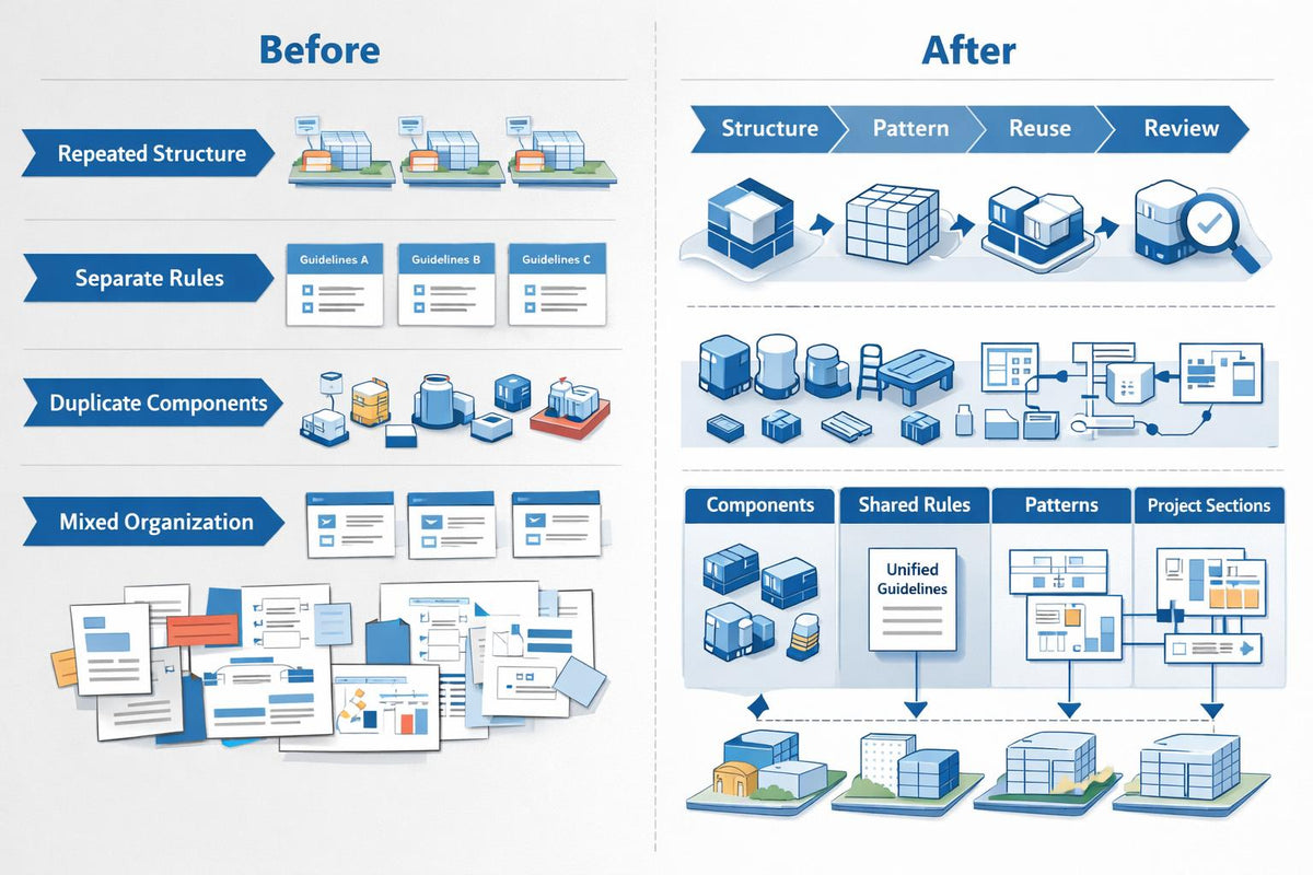 A before-and-after infographic comparing a messy, repetitive digital workspace layout on the left with an organized, streamlined workflow on the right. The left side is labeled 'Before' and shows repeated structures, separate rules, duplicate components, and mixed organization with blue and white icons.