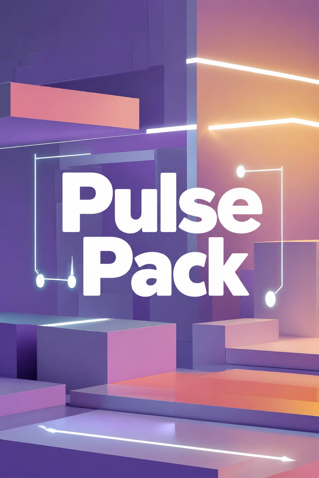 A stylized digital graphic with the large text 'Pulse Pack' centered over an abstract geometric scene in purple, pink, and orange tones with glowing white line accents.