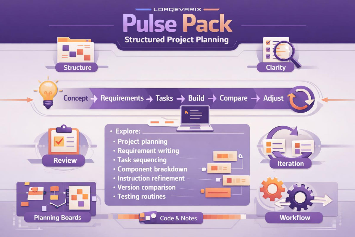 An infographic-style promotional graphic for the LORGEVARIX Pulse Pack, structured project planning resource. The design features a purple and lavender color palette with various illustrated icons representing project management phases (Structure, Clarity, Review, Planning Boards, Workflow, Iteration) and a central box detailing topics like requirement writing and task sequencing.