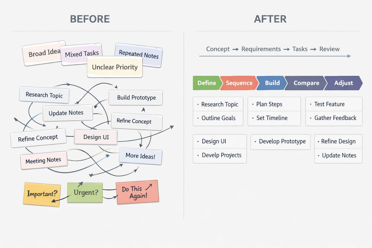 A comparison graphic labeled BEFORE and AFTER showing a process flow. The left side, titled BEFORE, contains loose boxes and arrows with words like Broad Idea, Mixed Tasks, and Repeat Notes.