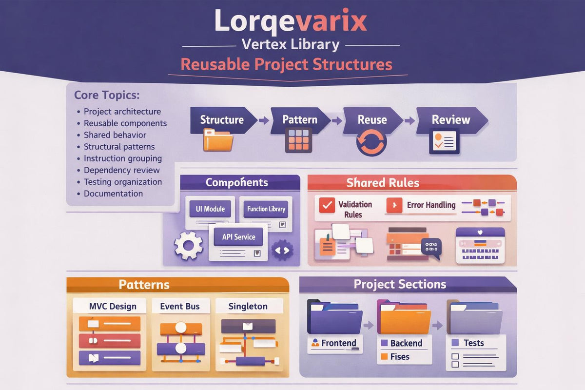 An infographic titled 'Lorqevalix Vertex Library Reusable Project Structures' with a purple header and multiple colored panels showing diagrams for core topics, components, shared rules, patterns, and project sections.